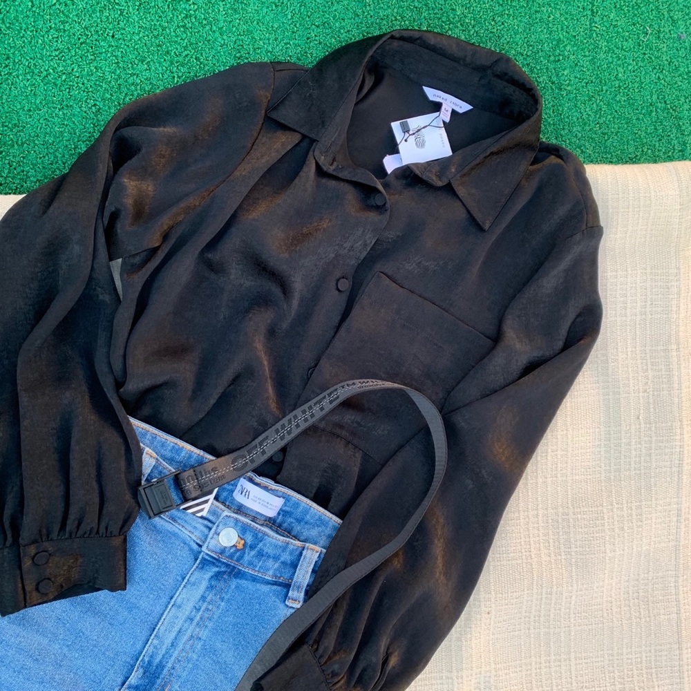 Black satin button down top.